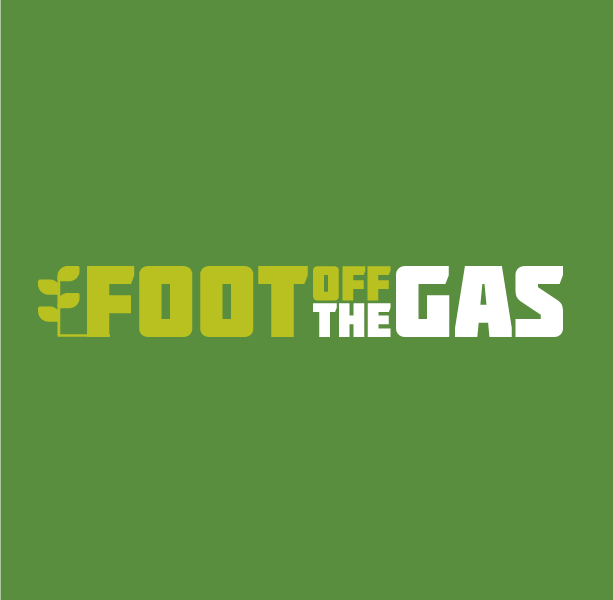 Logo with the slogan 'FOOT OFF THE GAS' in white, all-caps letters on an olive green background, accompanied by a stylized light green wheat sheaf graphic to the left, symbolizing sustainability or energy conservation.