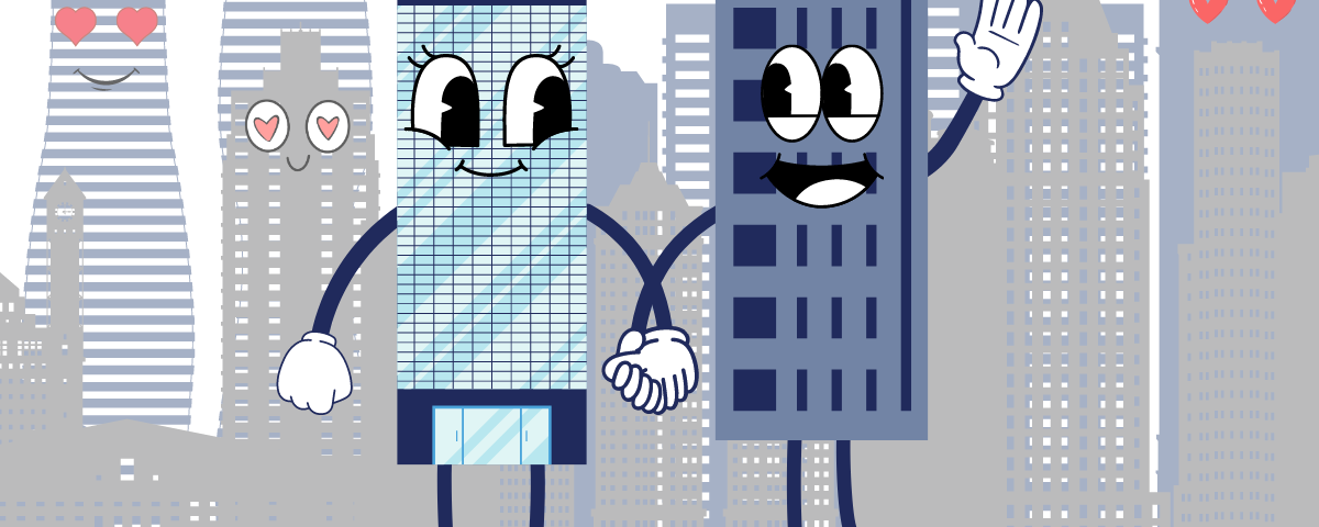 A whimsical Valentine's Day-themed illustration featuring anthropomorphized buildings with faces, holding hands, against a cityscape backdrop. The text reads 'This Valentine's Day, bring your buildings together...' with the CloudBAS™ logo prominently displayed below.