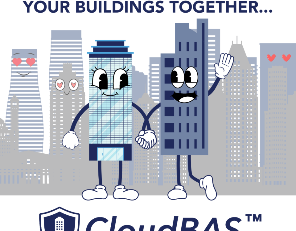 A whimsical Valentine's Day-themed illustration featuring anthropomorphized buildings with faces, holding hands, against a cityscape backdrop. The text reads 'This Valentine's Day, bring your buildings together...' with the CloudBAS™ logo prominently displayed below.